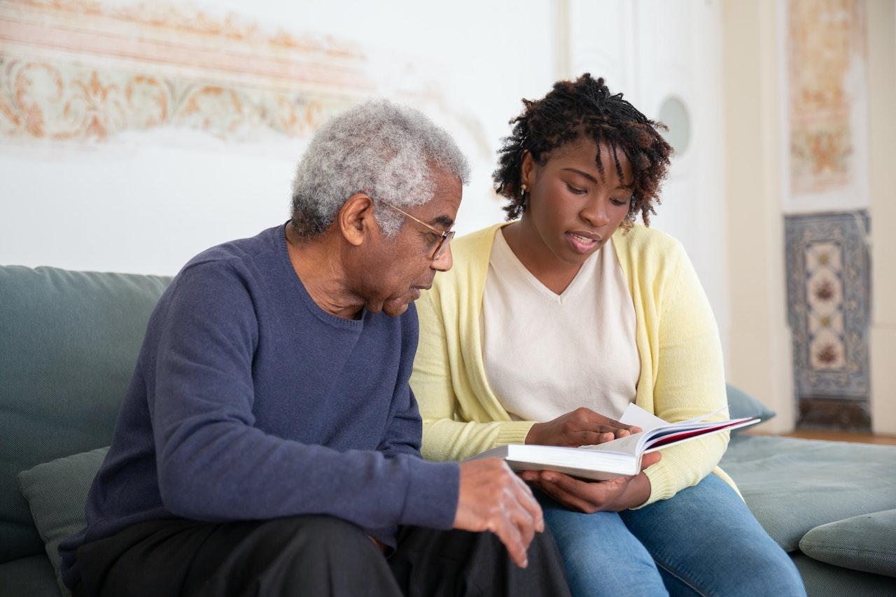 woman educating her father