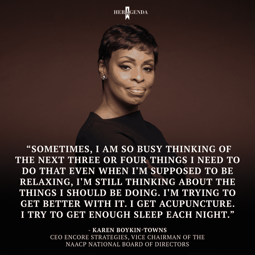 Sometimes, I am so busy thinking of the next three or four things I need to do that even when I'm supposed to be relaxing, I'm still thinking about the things I should be doing. I'm trying to get better with it. I get acupuncture. I try to get enough sleep each night.