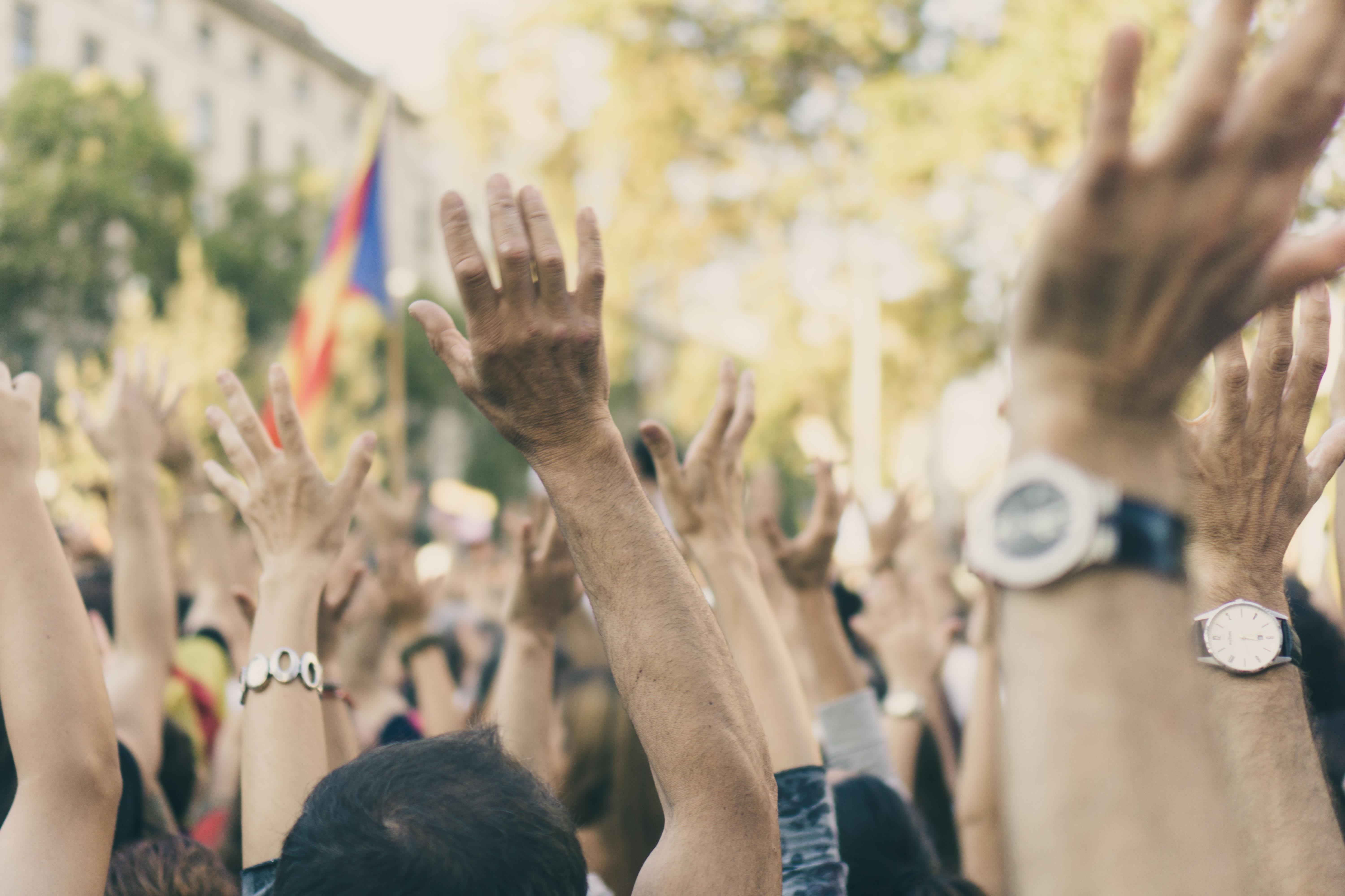 A group of people with their arms up at a protest.