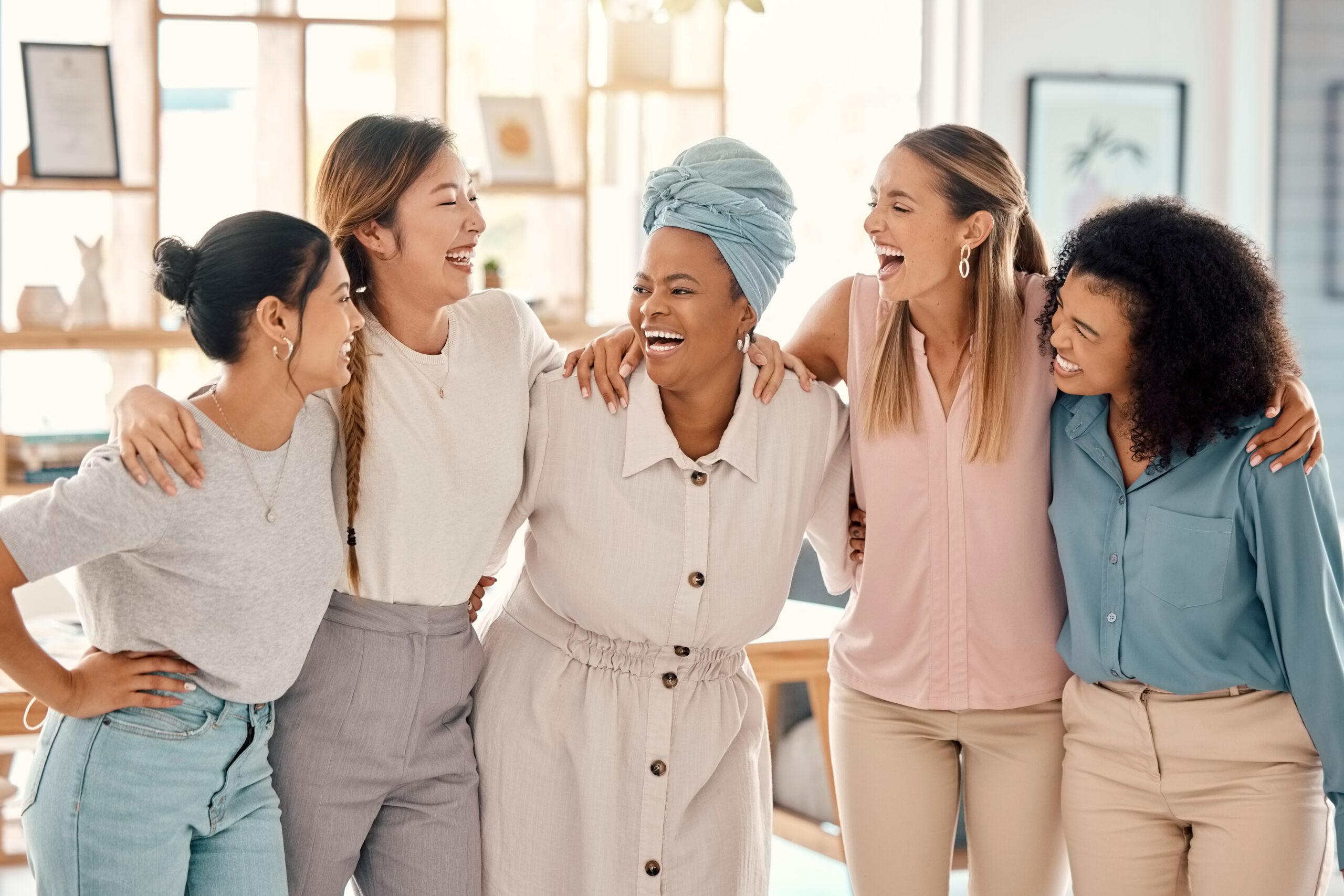 Happy business people, women empowerment and diversity team, collaboration and motivation, employee engagement and support in startup office. Laughing group, female friends and marketing agency staff