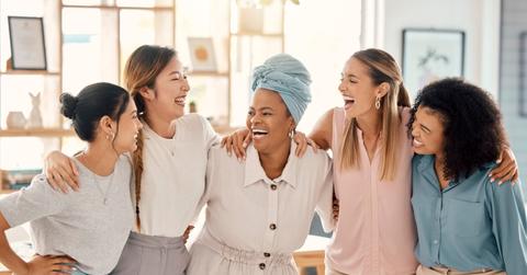 Happy business people, women empowerment and diversity team, collaboration and motivation, employee engagement and support in startup office. Laughing group, female friends and marketing agency staff