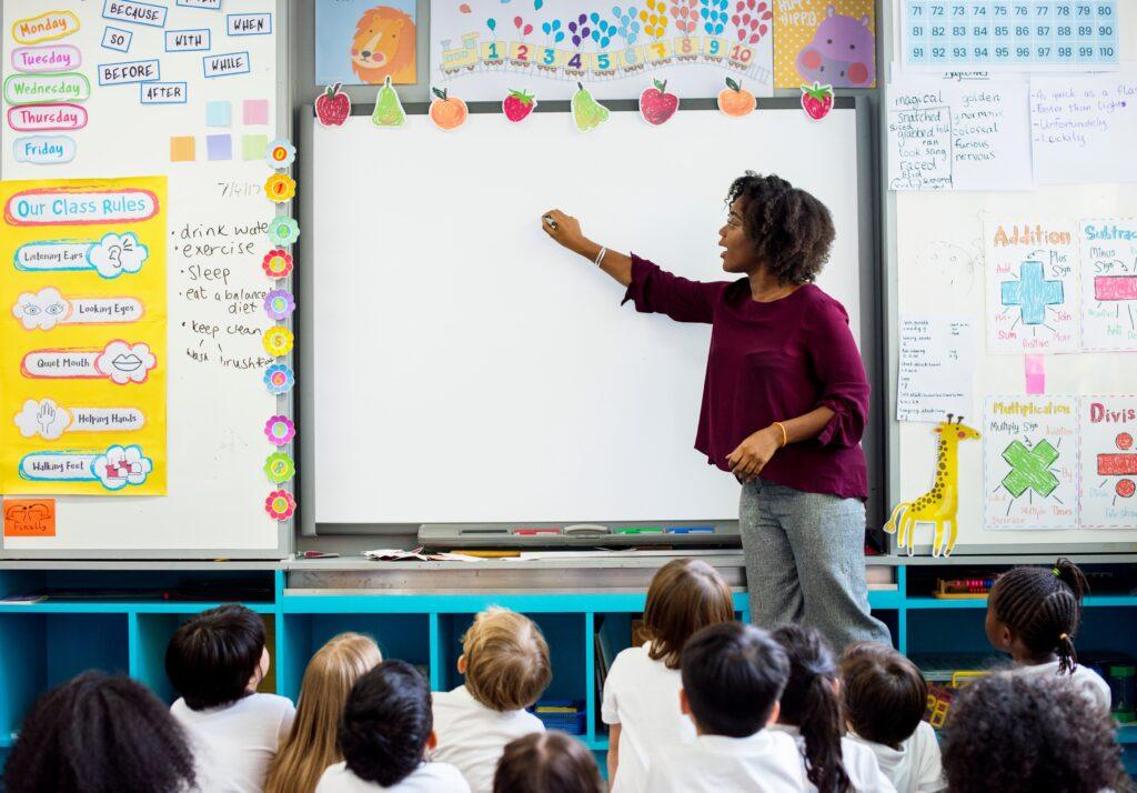 teacher in elementary classroom pointing to whiteboard at carpet time.