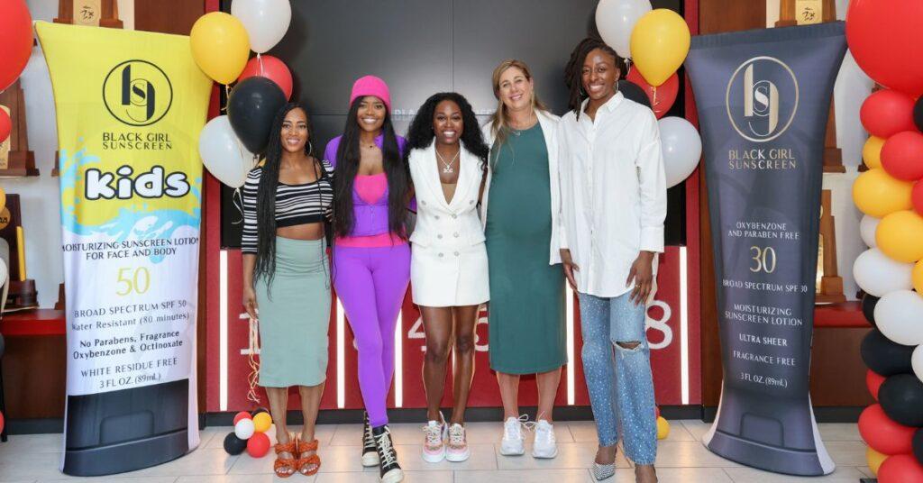 Miki Barber, Karen Civil, Shontay Lundy, April Ross, and Nneka Ogwumike attend Brunchin' with BGS (USC x Black Girl Sunscreen) at USC Colich Track and Field Center in 2023 in Los Angeles