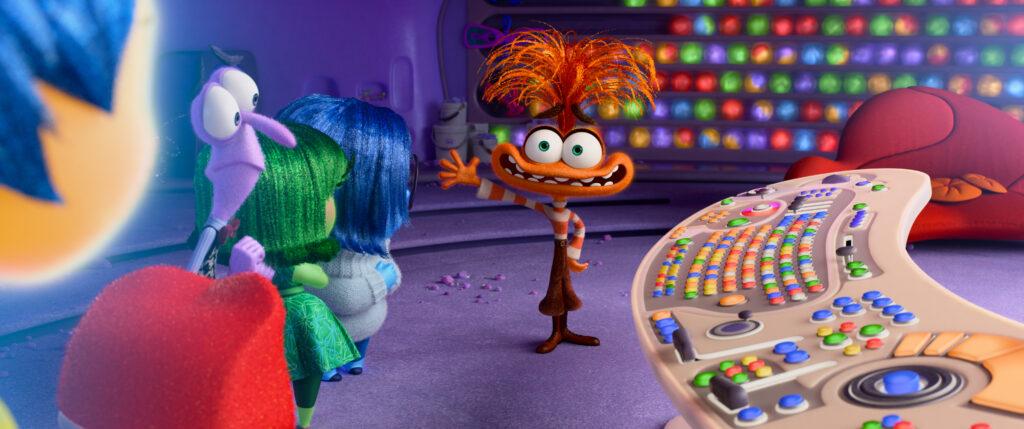 Joy, Anger, Fear, Disgust, and Sadness meet Anxiety for the first time in Riley's Headquarters in the movie "Inside Out 2"