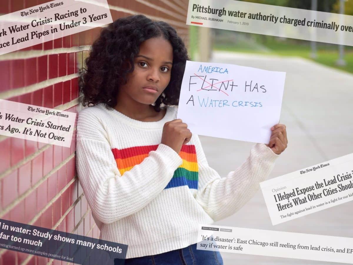 young Black teen holding sign saying “America Has a Water Problem”