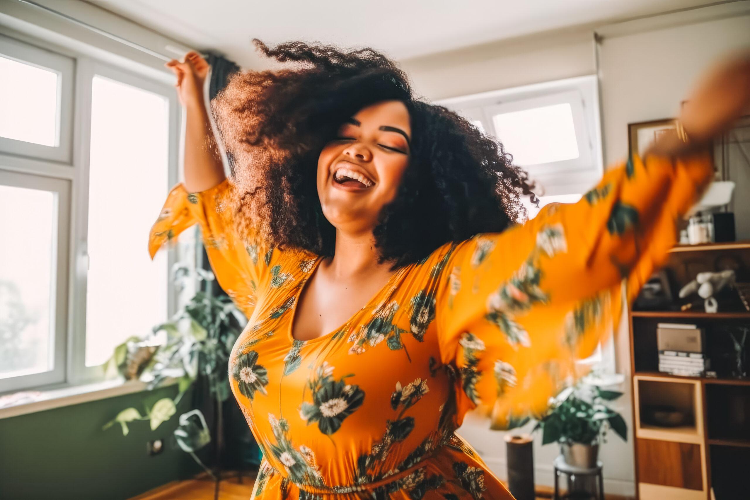 Positive plus size black woman dancing at home. Happiness and positivity. Generative AI