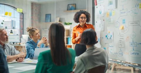 Diverse Modern Office: Successful Black Female Digital Entrepreneur Uses Whiteboard with Big Data, Statistics, Talks about Company Growth, Discusses Strategy with Investors, Top Managers, Executives