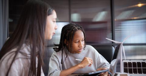 Group of international or multi ethnicity student having a discussion together about science project in class room.
