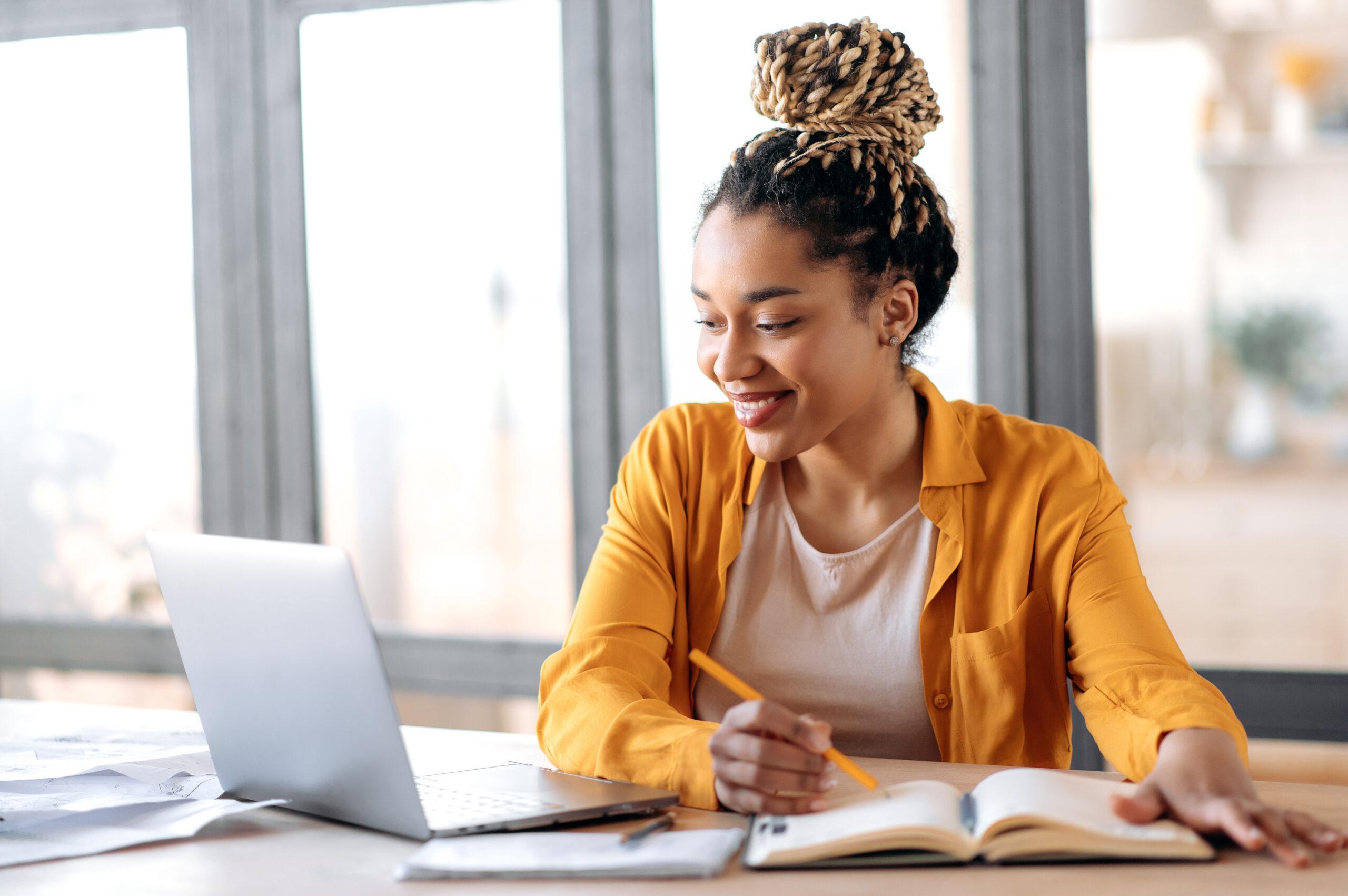 woman african american pretty girl happy online virtual learning distance
