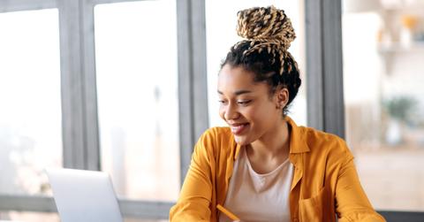 woman african american pretty girl happy online virtual learning distance