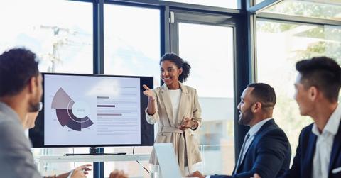 Business meeting, businesswoman and presentation on screen of tv in modern boardroom with colleagues. Workshop, speech and black woman or speaker speaking with coworkers in conference room