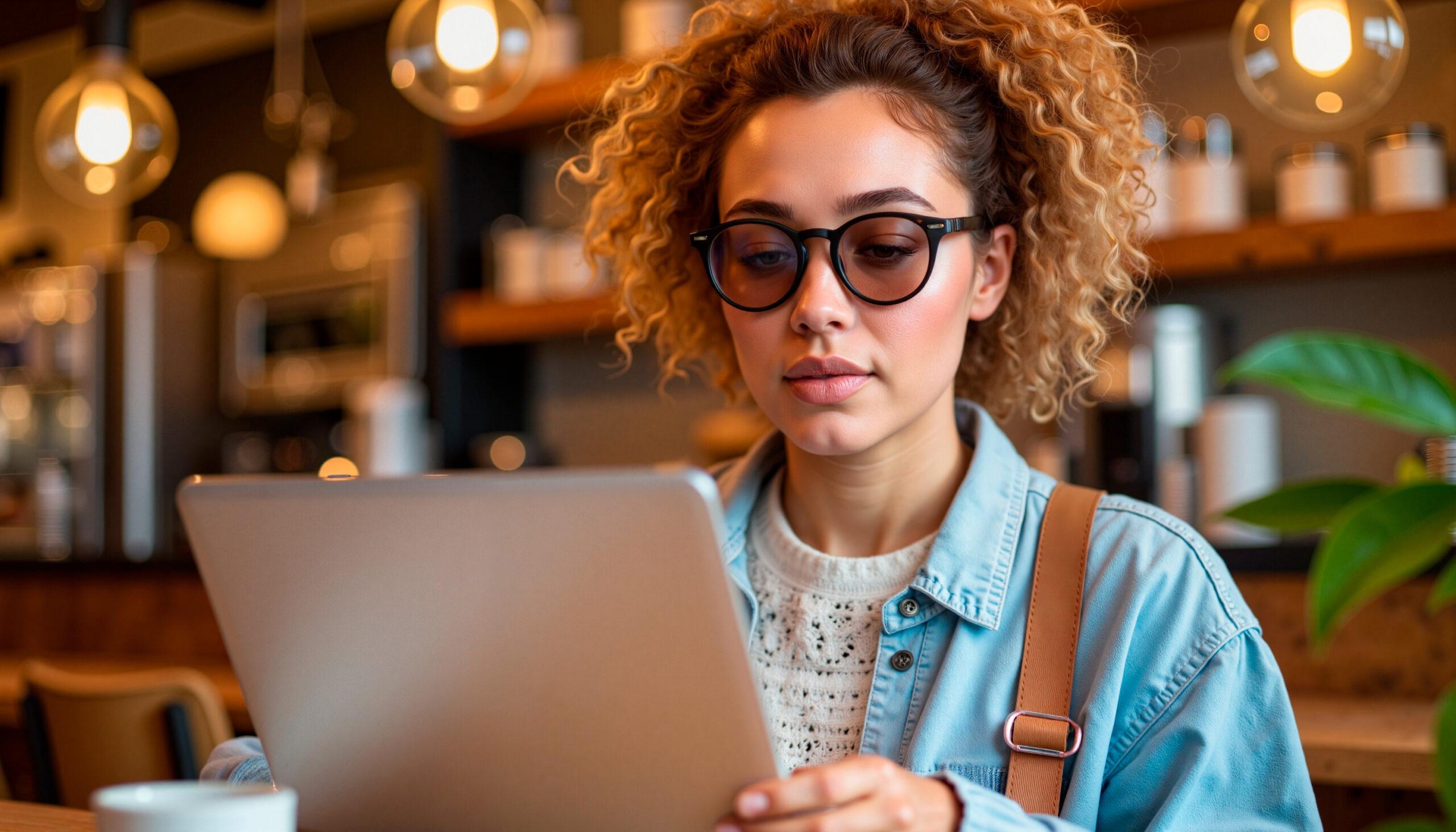 Focused woman working on laptop in cozy café, productivity and comfort