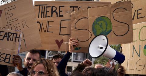 Global warming banners. Activist people protesting for the earth warning about environmental problem
