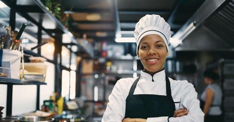 Portrait of confident black female chef at restaurant kitchen looking at camera.