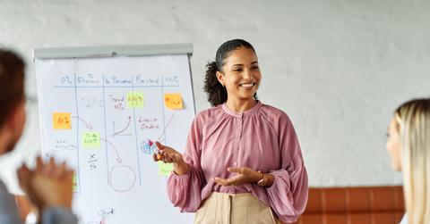 young business people meeting office teamwork group whiteboard presentation seminar woman businesswoman startup project idea student education training