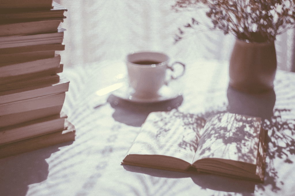 soft light, coffee table with books and flowers
