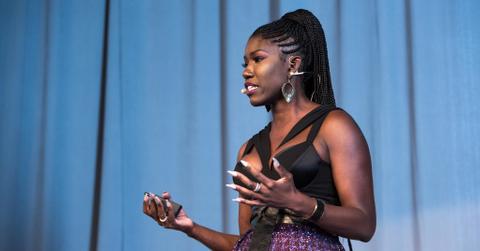 Bozoma Saint John giving the keynote speech at the Women @ Forbes event. Photo by: Benjamin Esakof for Forbes